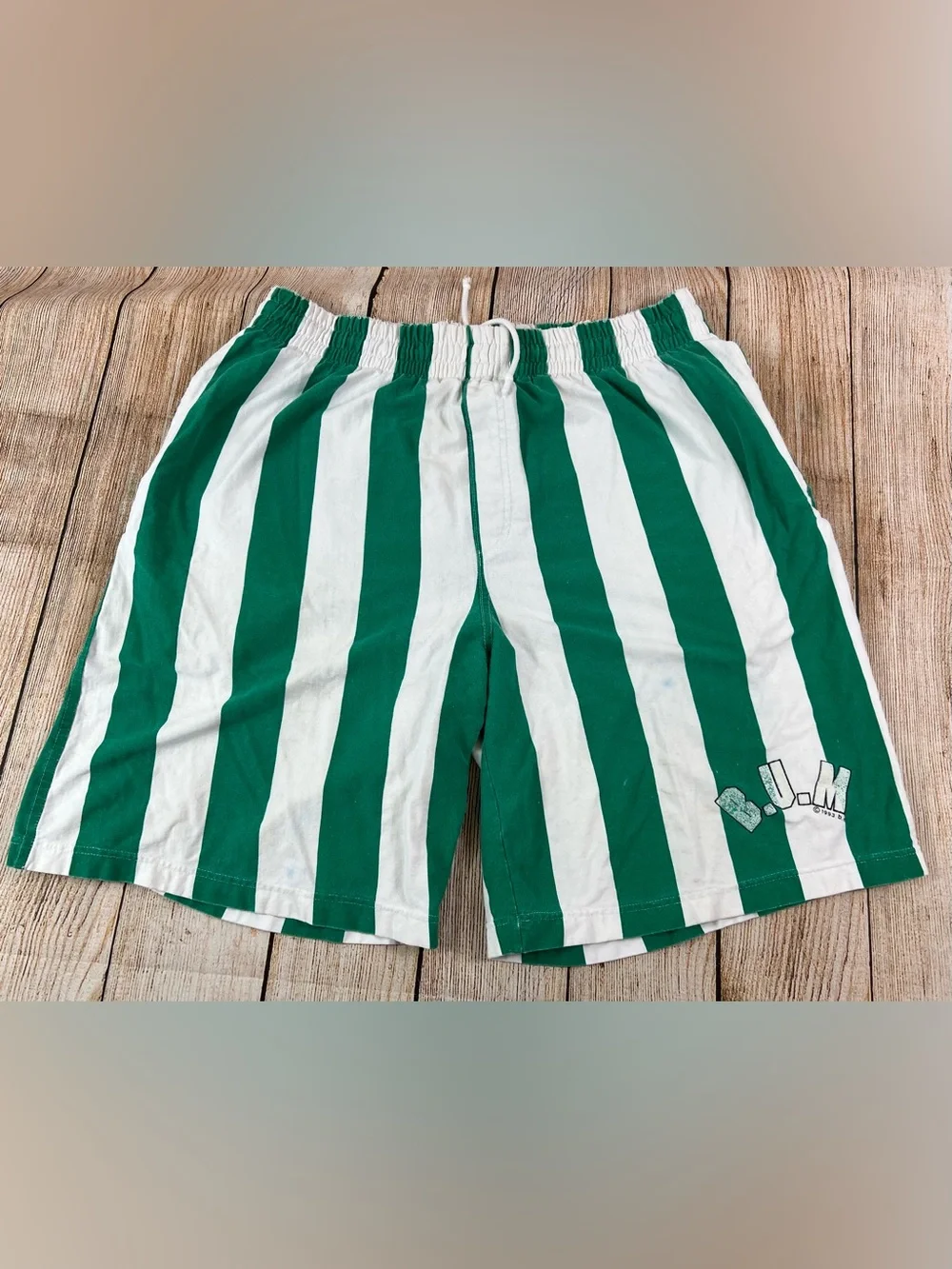 Vintage 1993 B.U.M equipment Cotton Striped Shorts Green White Size Medium